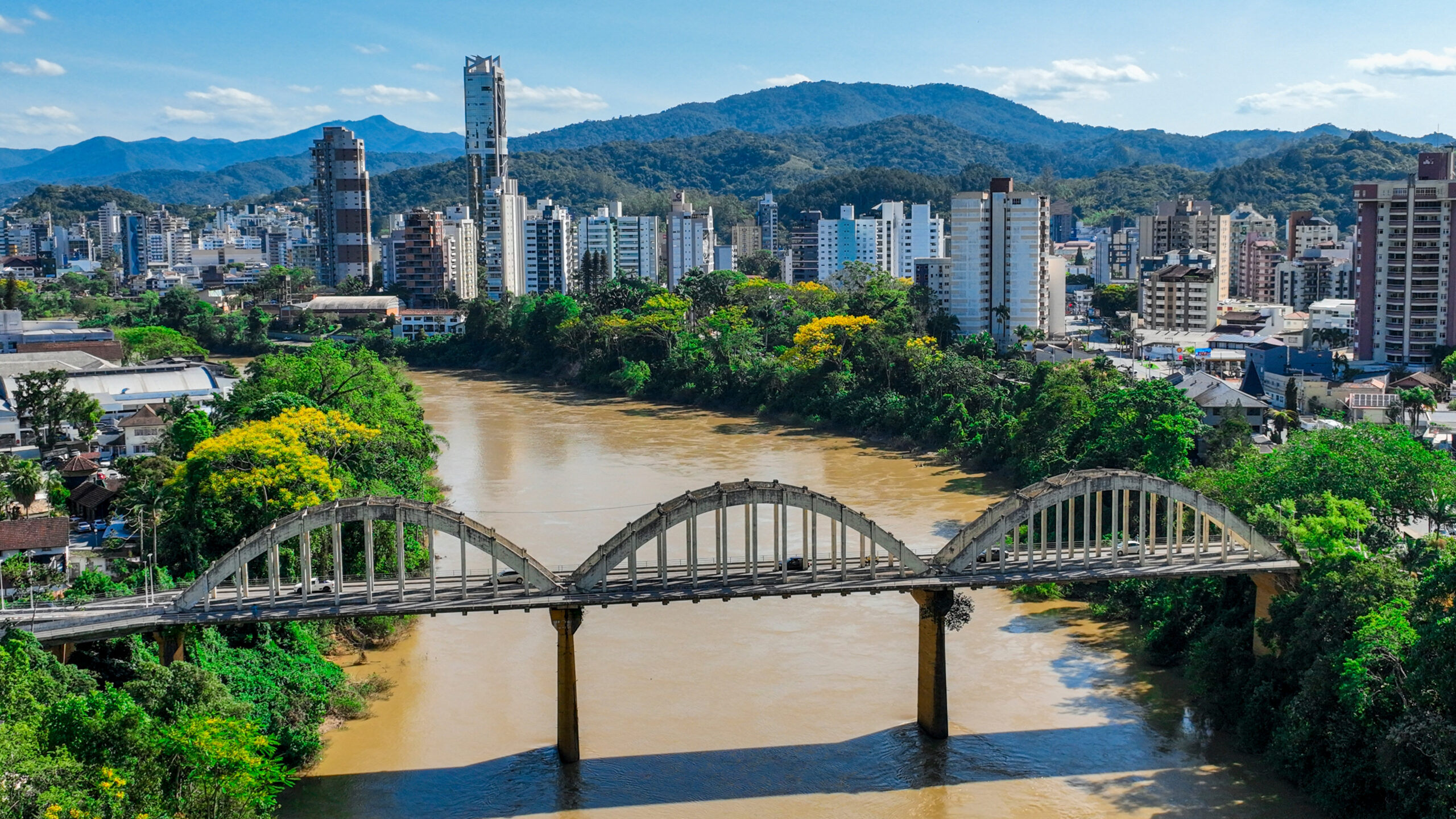 Panoramic view of the city of Blumenau and its bridge of arches, contemplating the Itajaí River that cuts through the city